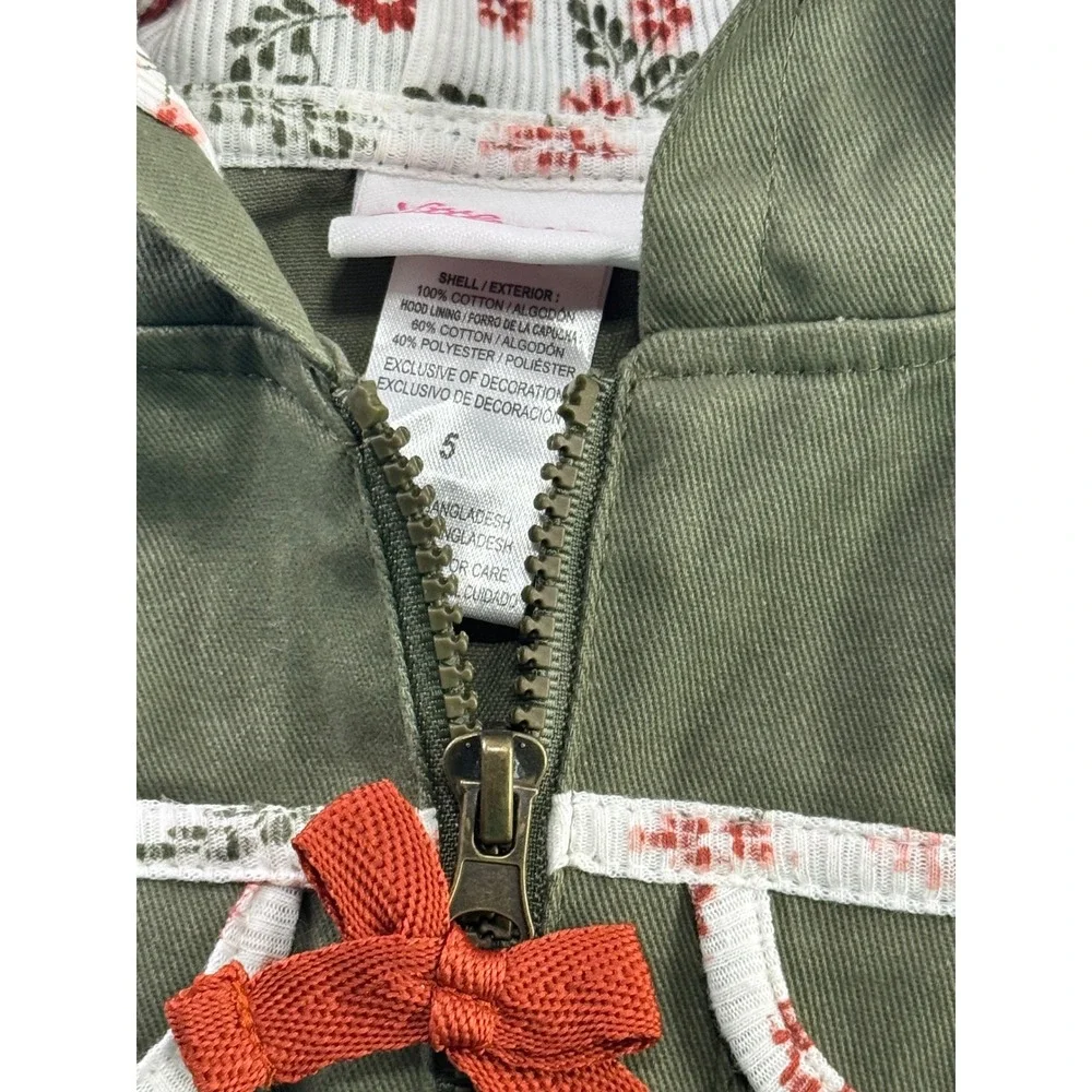 Little Lass Girls Olive Green Floral Lined Hooded Utility‎ Jacket Size 5